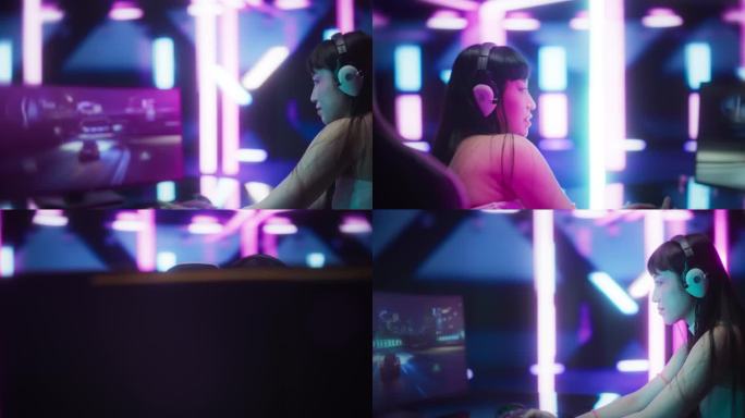日本女性在电脑上玩在线街头赛车模拟器。360度旋转镜头的游戏女孩坐在桌子后面，流媒体赛车游戏内容从未