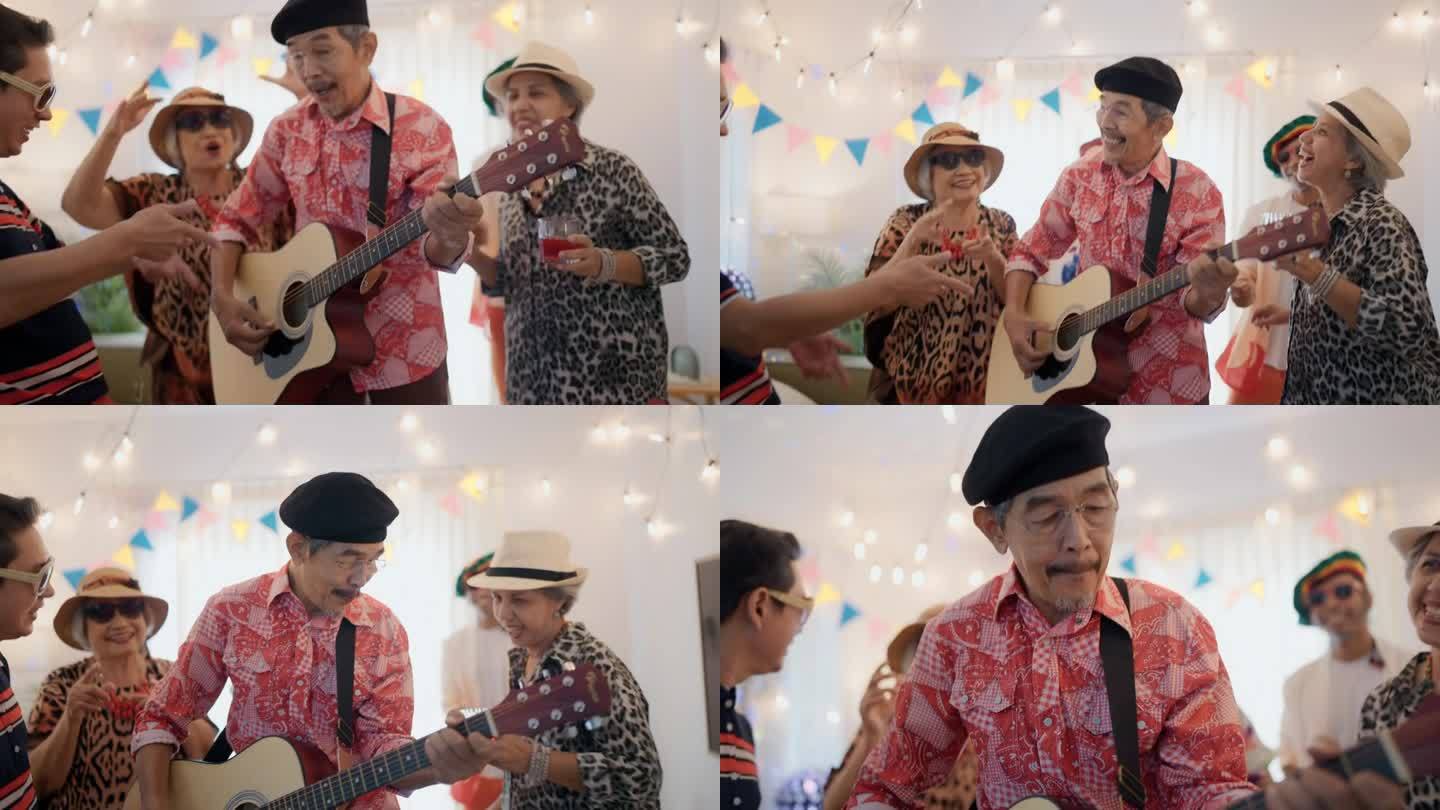 在一个家庭聚会上，一位老人在朋友们一起喝酒跳舞的时候弹吉他。