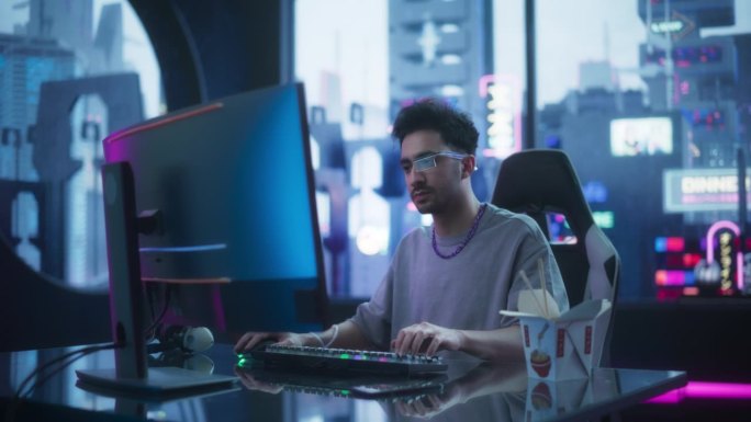 帅气的网红在他时尚的科幻工作室里用电脑工作。年轻的创意天才开发创新软件技术。男子戴着扩展现实的未来单
