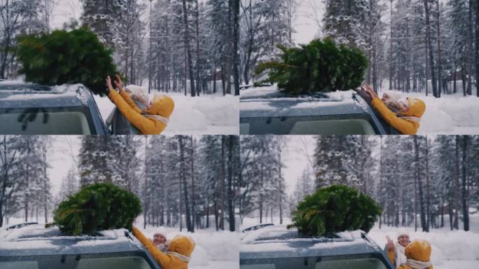 SLO MO妇女在将圣诞树装到车顶后与人击掌