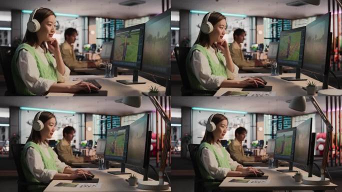 亚洲女性游戏开发者使用台式电脑，设计独特的世界和角色在3D建模软件的生存电子游戏。在不同游戏设计工作