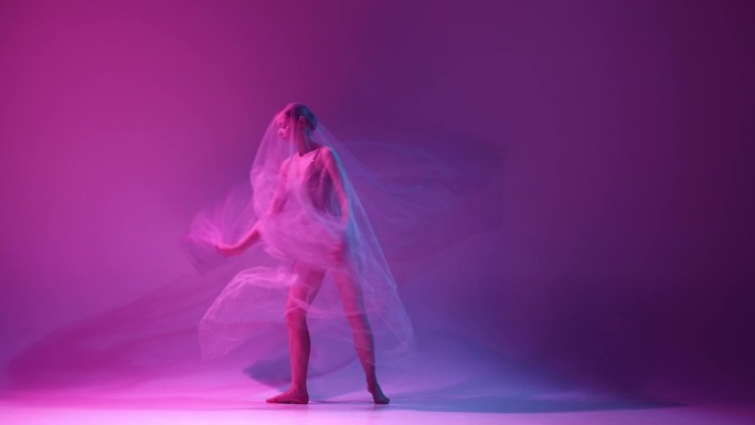 柔弱的年轻女孩穿着米色的紧身衣表演，在霓虹灯下，用透明的织物在渐变的粉红色紫色工作室背景下跳芭蕾