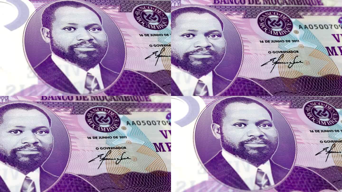 莫桑比克20张纸币，莫桑比克20张纸币，莫桑比克纸币的特写和宏观视图，跟踪和多利拍摄20张莫桑比克纸