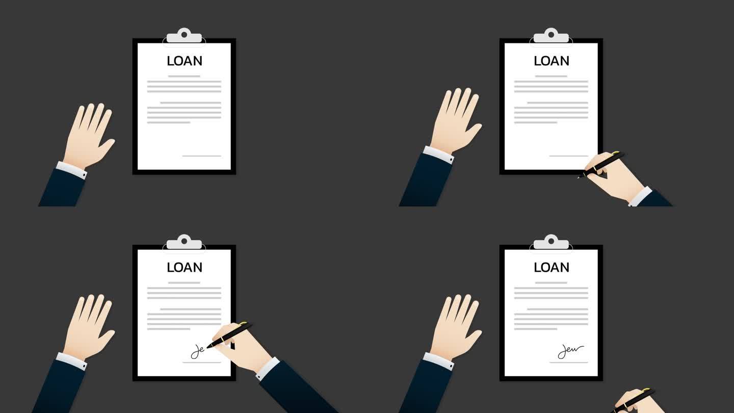 商人在贷款文件表格上签字和盖章的动画，透明背景，alpha通道包括在内。