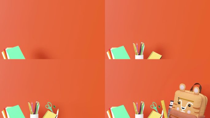 色彩缤纷的学校文具，橙色背景上的用品与复制空间。底部边界。适用于公告、广告。教育，日托，学前教育。回