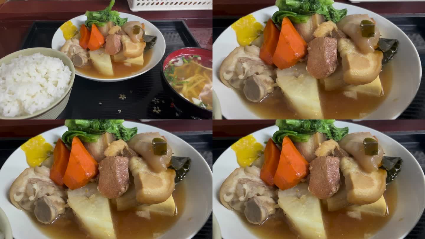 日本冲绳:冲绳传统美食“Nitsuke(肉、豆腐和蔬菜等，用甜酱油炖或煮)”。