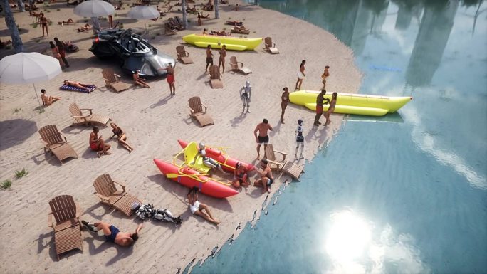 未来海滩上的3d人和机器人。未来的概念。逼真的4k动画。