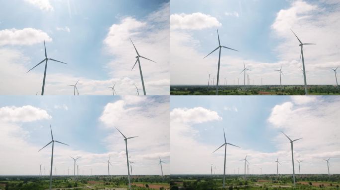 风力涡轮机鸟瞰图，可再生能源，清洁可再生绿色风力发电
