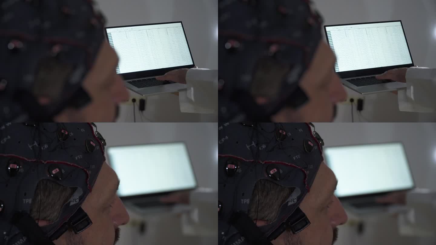 一名男子在诊所使用脑电图机进行神经系统评估