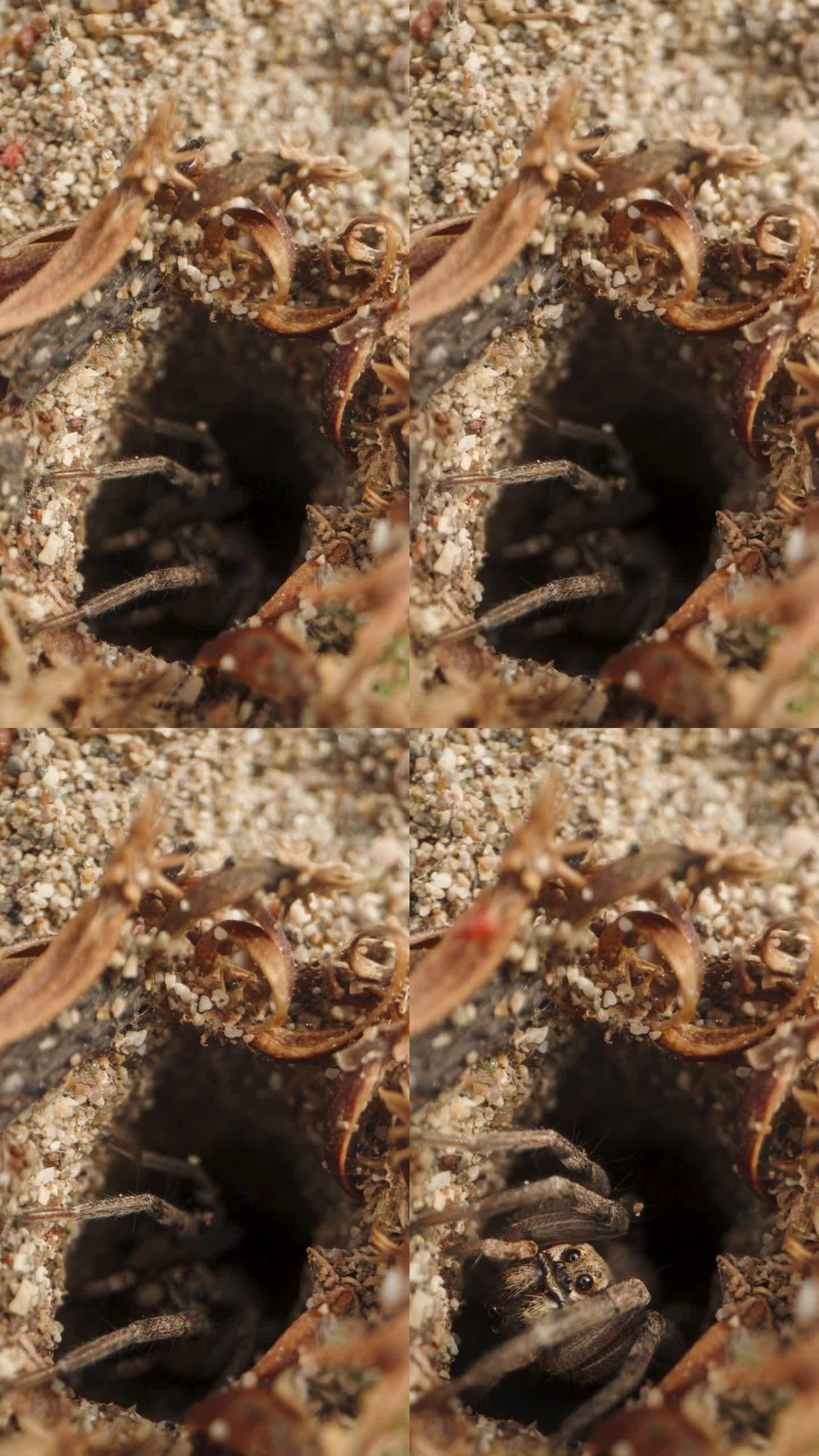 摄像机慢慢靠近沙洞，突然，一只蜘蛛从洞里冲了出来。微距小车拍摄。垂直视频。