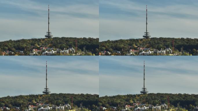 白天斯图加特著名的电视塔城市景观航拍全景4k德国