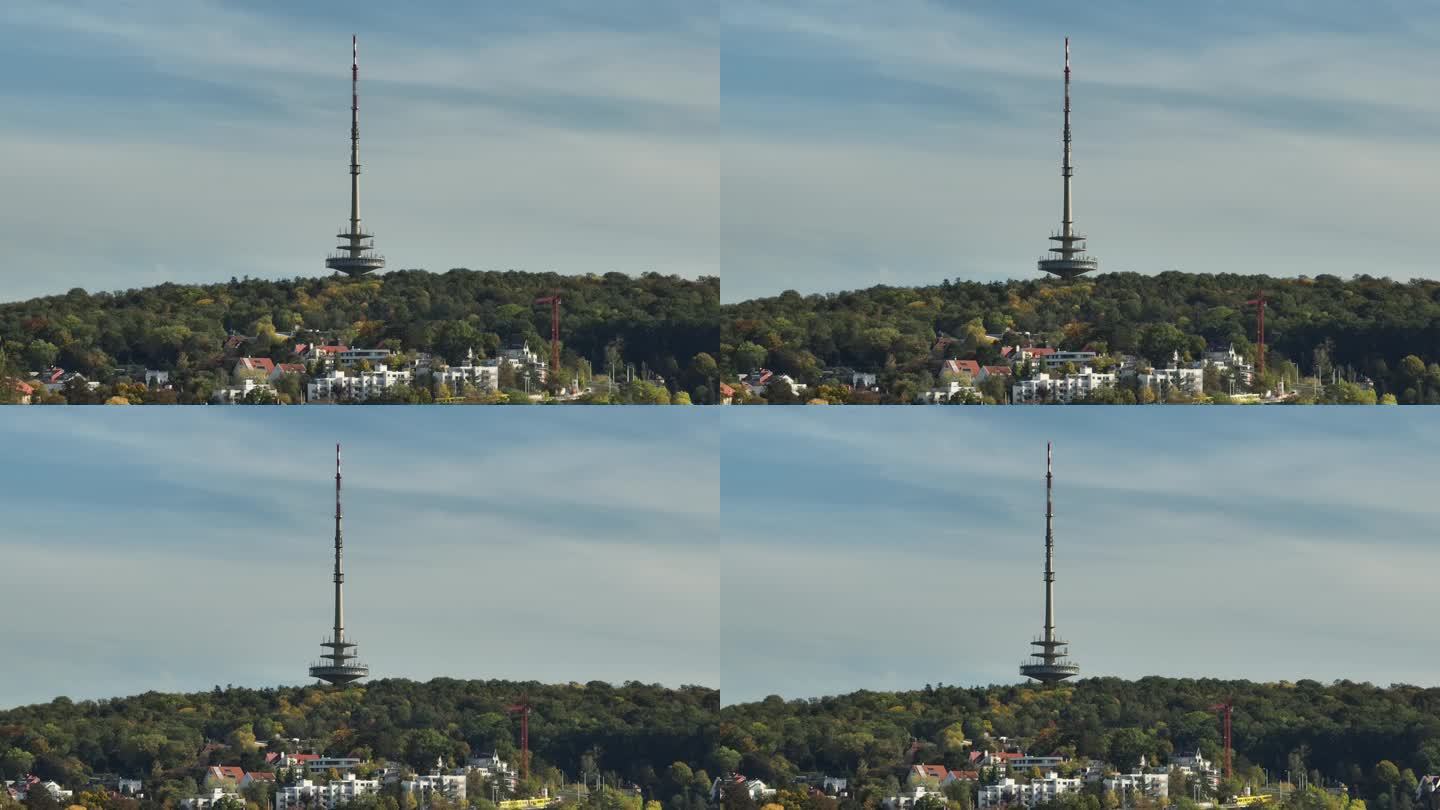 白天斯图加特著名的电视塔城市景观航拍全景4k德国
