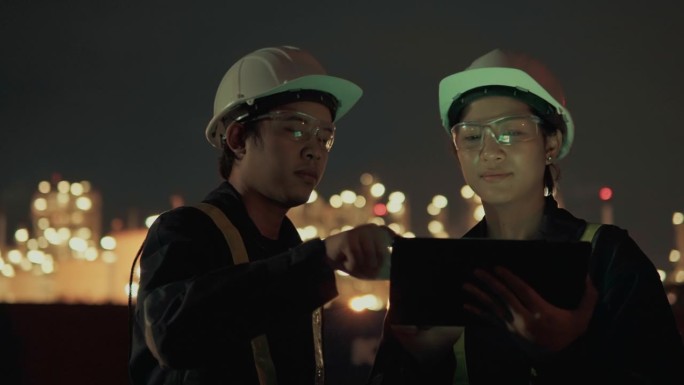 石油炼油厂现场，工程师工人正在夜间通过数码平板电脑检查炼油厂工厂的维护情况。