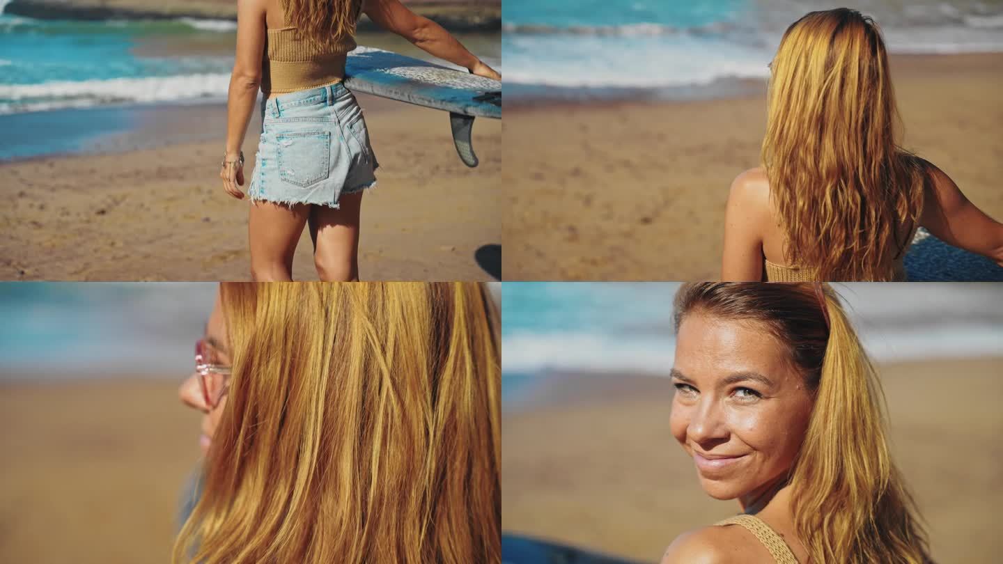 年轻的女冲浪者站在沙滩上，微笑着看着大海，寻找一个好的冲浪点