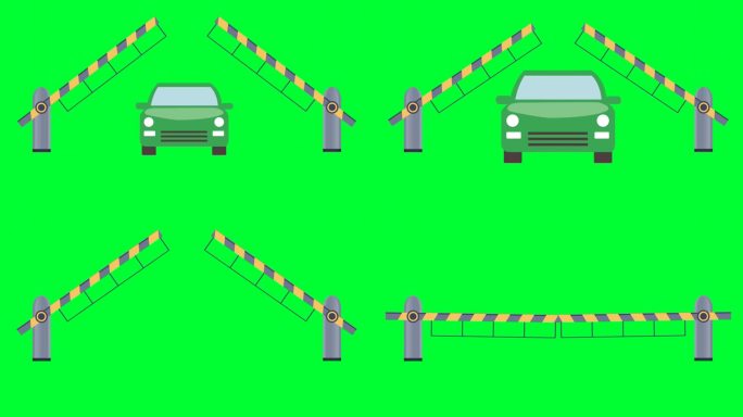 栅栏路障停了车绿屏。铁路道口护栏防止车辆通行。道路障碍红白条纹水平交叉路口。打开、关闭安全门。