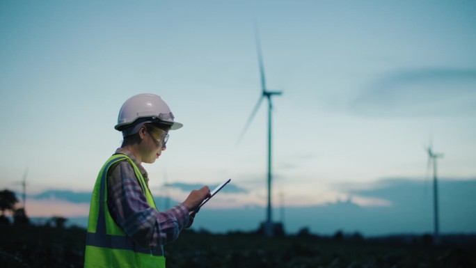 黄昏时分在风力发电领域工作，为可再生能源、清洁能源或环境保护提供电力