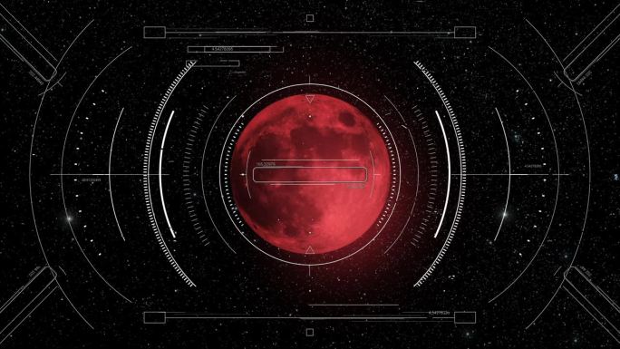 航天器HUD雷达显示扫描到的红月亮或外星行星。动态图形的网络和科幻技术概念