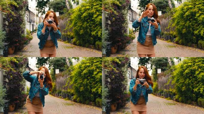 一名年轻女子在城市用数码相机拍照并发布到社交媒体上