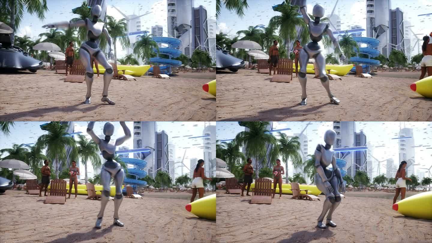 未来海滩上的3d人和机器人。未来的概念。逼真的4k动画。