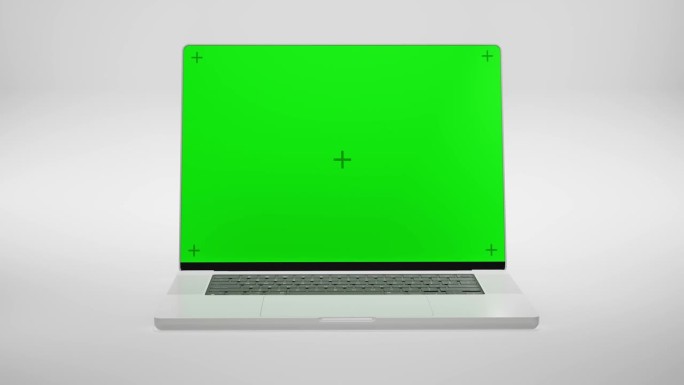 绿色屏幕显示笔记本电脑和放大在一个白色的背景。空绿色模型显示器视频通话，网站模板演示或游戏应用程序。