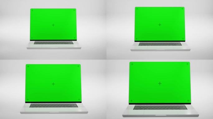 绿色屏幕显示笔记本电脑和放大在一个白色的背景。空绿色模型显示器视频通话，网站模板演示或游戏应用程序。
