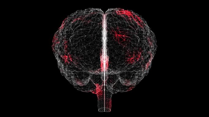 病毒通过黑色背景的三维人脑传播。病毒在体内的可视化演示。教程视频。医学概念。60 FPS 3D动画。