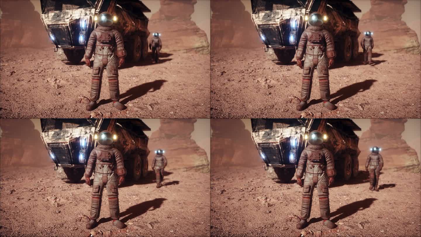 火星人，火星上的宇航员。罗孚运输。逼真的4k动画。