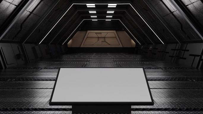 广告牌或液晶屏楼板在科幻隧道中向前移动，3D渲染。4 k