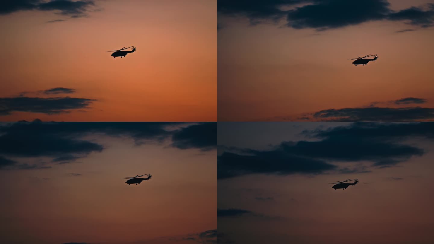 黄昏夕阳下的一架直升机