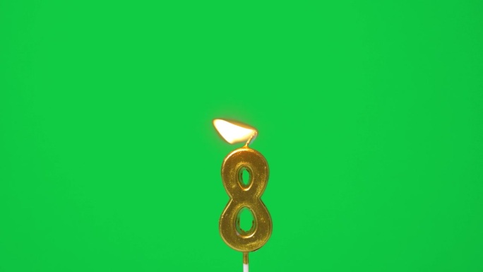 无缝循环蜡烛灯，金色蜡烛8号形状为第八年庆祝点燃。火焰在烛芯摇摆和闪烁隔离在绿色屏幕背景，水平帧率6
