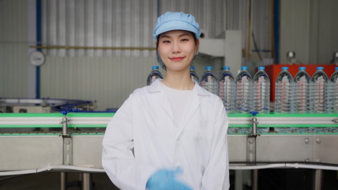 一名穿着实验室大褂的女技术人员自信地站在自来水厂的灌装生产线前，微笑着竖起大拇指。检查和分析灌装生产