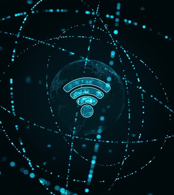 蓝色WIFI标志的运动图形与粒子环旋转和地球与ai技术图标在未来的抽象背景和无线保真连接垂直视频概念