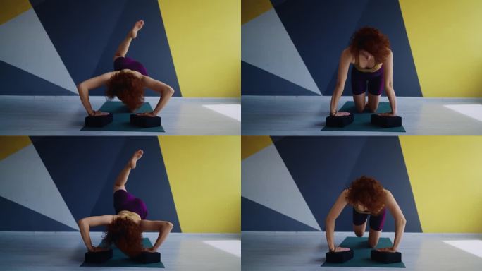 瑜伽练习室，年轻的成年女性穿着运动服在地板上练习，做俯卧撑