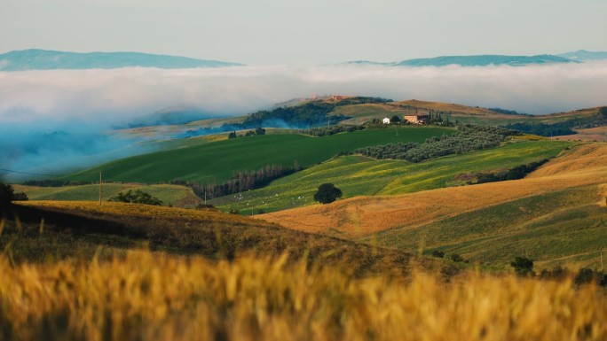 风景优美的托斯卡纳，云雾笼罩着田园诗般的乡村风光