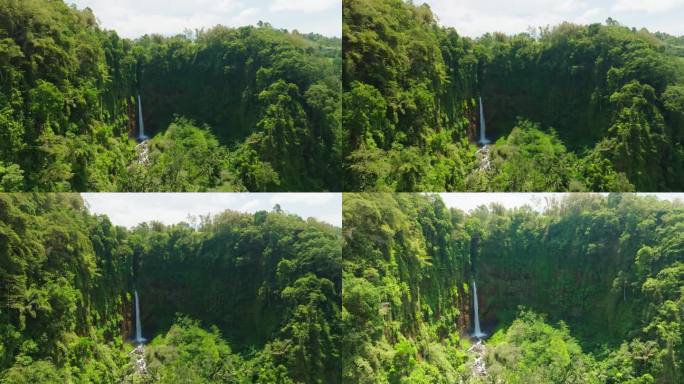 鸟瞰图姆帕克塞乌瀑布，也被称为科班塞乌瀑布。美丽的彩虹和雾，Tumpak Sewu瀑布是印度尼西亚东