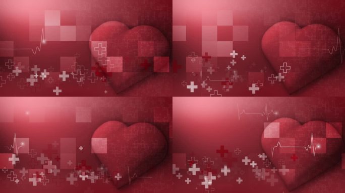 动画红3D心。医学抽象背景与保健符号。心脏的心电图。闪烁的像素和几何形状。毛圈无缝的。