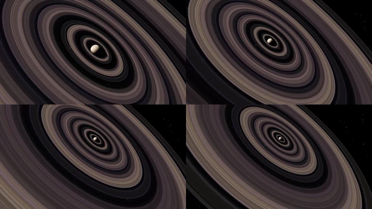系外行星J1407b也被称为超级土星，来自太空的视频镜头概念。巨大的环形系统。