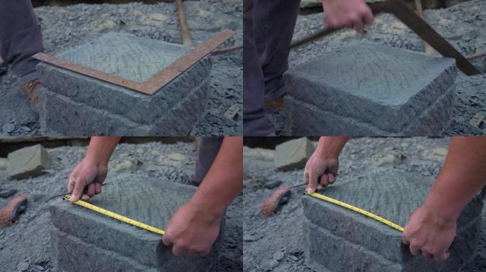 手持拍摄的石匠，用直角和卷尺标记出方形石头，在奇洛埃岛的安库德市。