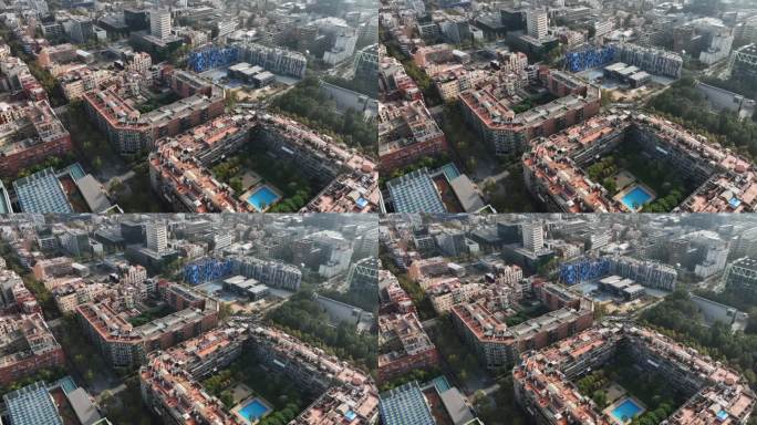 白天巴塞罗那市著名的住宅区基础设施交通街道航拍全景4k西班牙