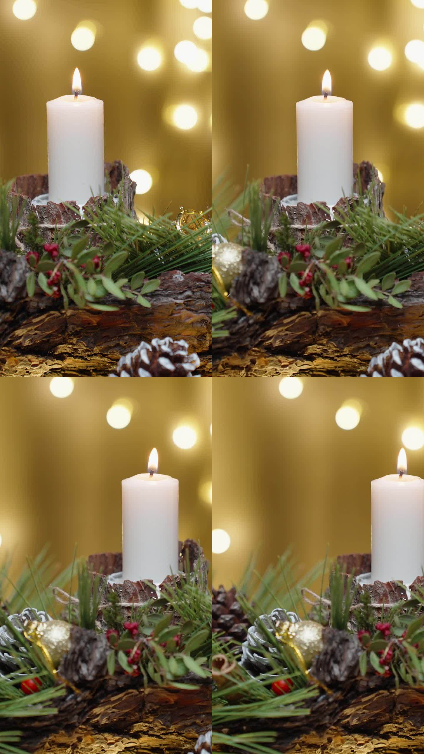 垂直视频。圣诞节家庭装饰。在树皮状的木架上放着装饰的蜡烛。滑块。