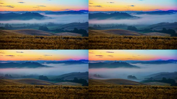 托斯卡纳乡村宁静的山丘上飘过的延时雾