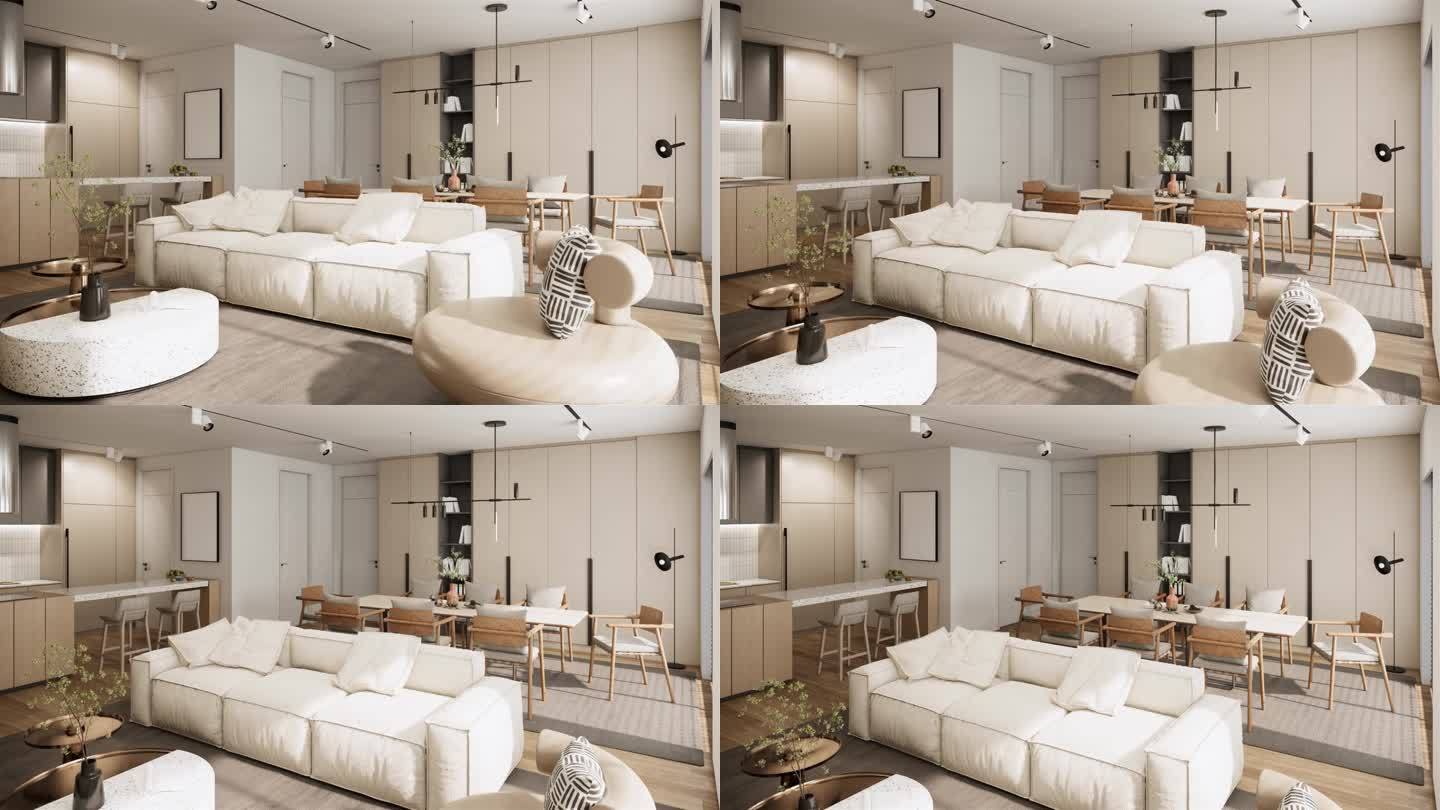 当代日式公寓室内设计风格时尚。白色客厅的内部。三维可视化渲染动画