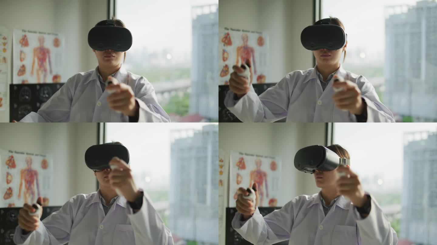 医生戴上虚拟现实头戴式耳机，使用控制器在医院办公室用医疗机器人远程操作病人