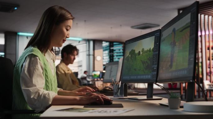 女性亚洲游戏开发者使用台式电脑，设计独特的世界和人物在3D建模软件的冒险视频游戏。在不同游戏设计工作