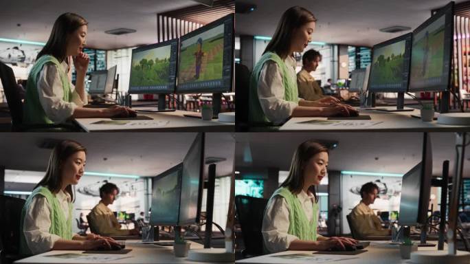 女性亚洲游戏开发者使用台式电脑，设计独特的世界和人物在3D建模软件的冒险视频游戏。在不同游戏设计工作