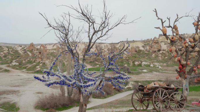 挂着彩带的许愿树和陶盘，卡帕多西亚沙漠里的旧木车。