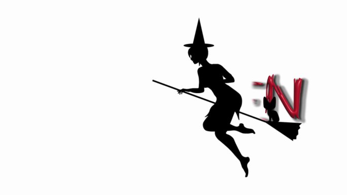 动画，卡通，视频，镜头，运动。一个女巫骑着扫帚飞过，出现了万圣节的字样