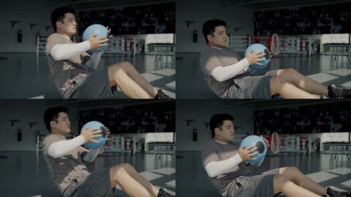 图为亚洲运动员在室内健身房里进行腹部仰卧起坐的高强度训练