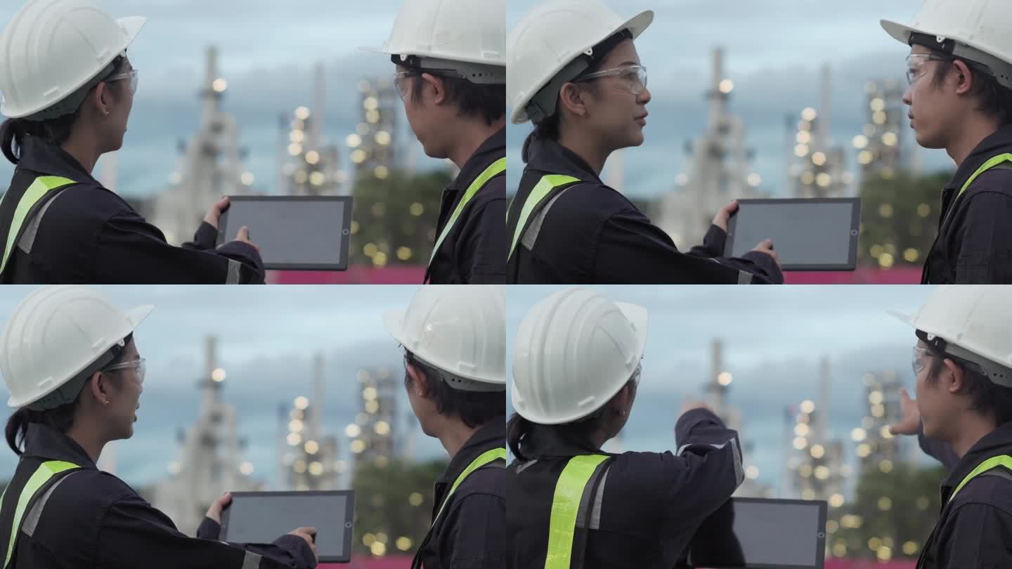 亚洲的工程师们，男男女女正在用智能平板电脑检查炼油厂内的石油和天然气工业工厂