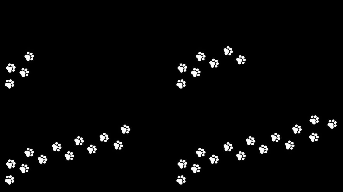 动画:黑色背景上的一串白色脚印(漫画中的剪影形状)，一只猫从左向右走在小路上。